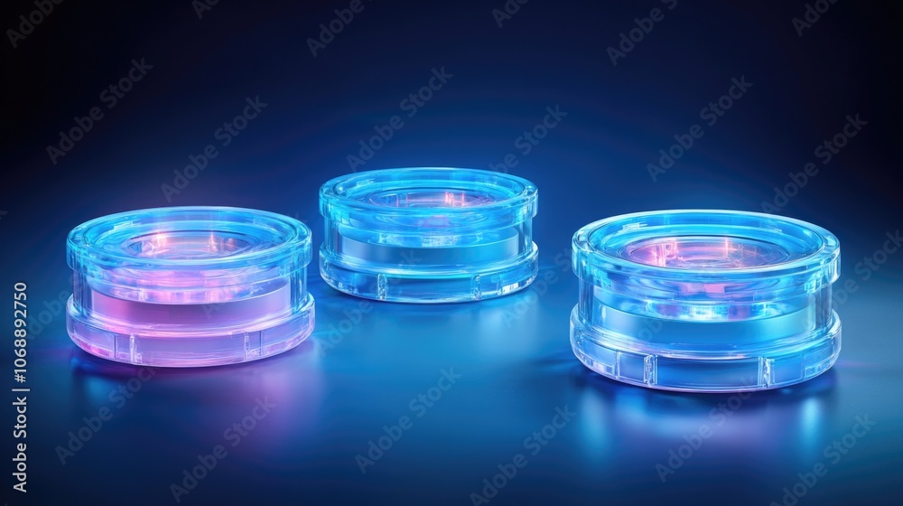 Futuristic film reel and strip display with neon lights for modern cinematic design