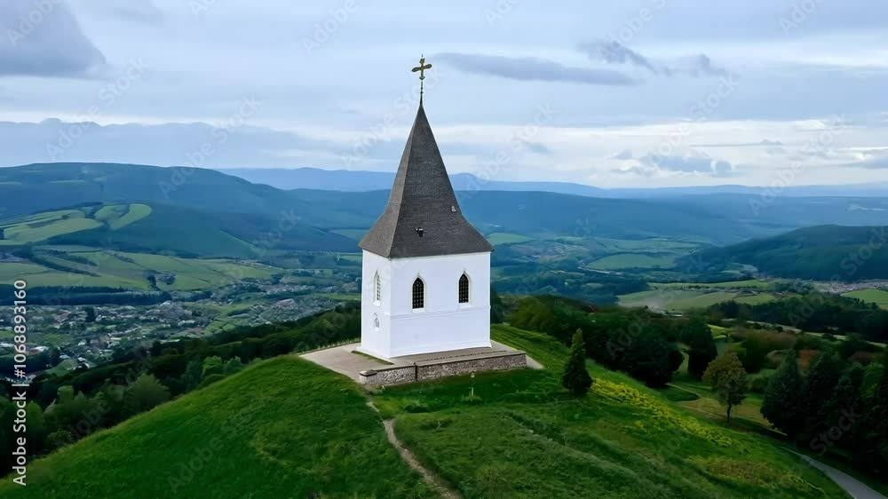 Captivating scenes highlight a lone white chapel resting on a lush hill. Below, a valley unfolds with a rich blend of fields, forests, and distant mountain ranges Captivating scenes highlight a lone white chapel resting on a lush hill. Below, a valley unfolds with a rich blend of fields, forests, and distant mountain ranges