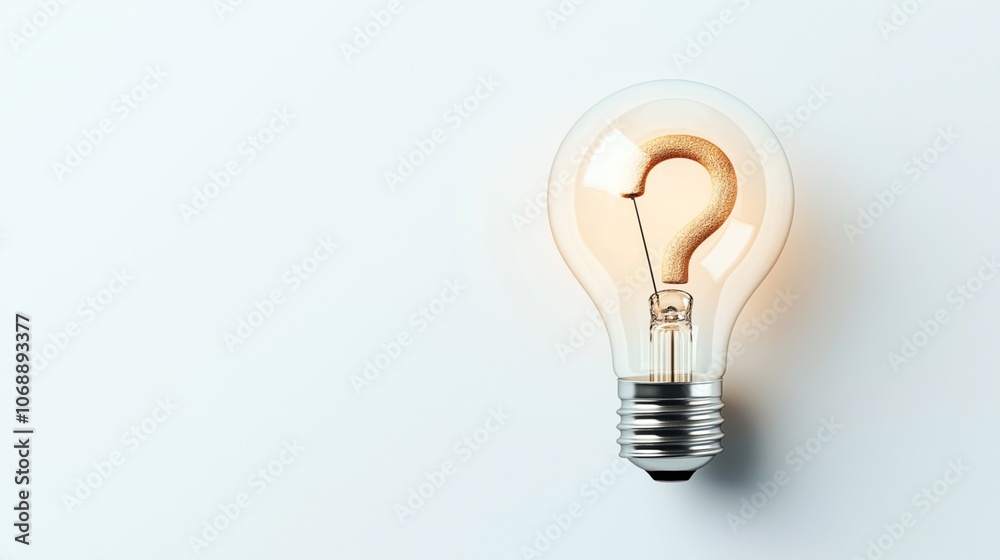 Light bulb with a glowing question mark filament symbolizing creativity and innovation on a plain white background Light bulb with a glowing question mark filament symbolizing creativity and innovation on a plain white background
