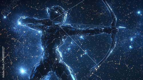 Explore the cosmic connection of sagittarius as a futuristic archer in a stellar landscape