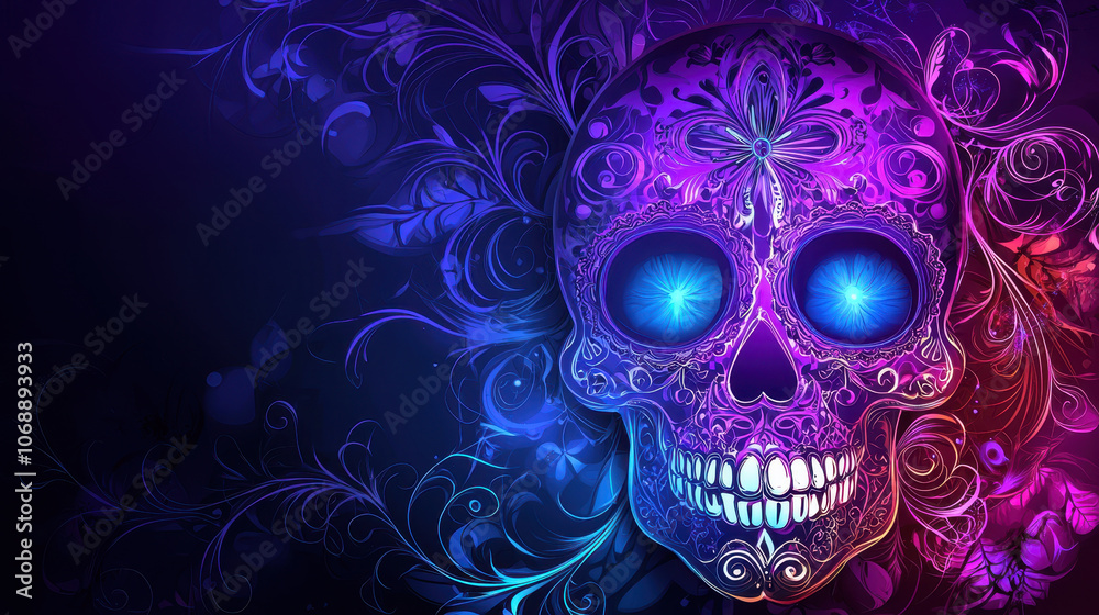 Bright glowing sugar skull with intricate swirls and vibrant colors, showcasing blend of purple, blue, and pink hues, creating mesmerizing and artistic design Bright glowing sugar skull with intricate swirls and vibrant colors, showcasing blend of purple, blue, and pink hues, creating mesmerizing and artistic design