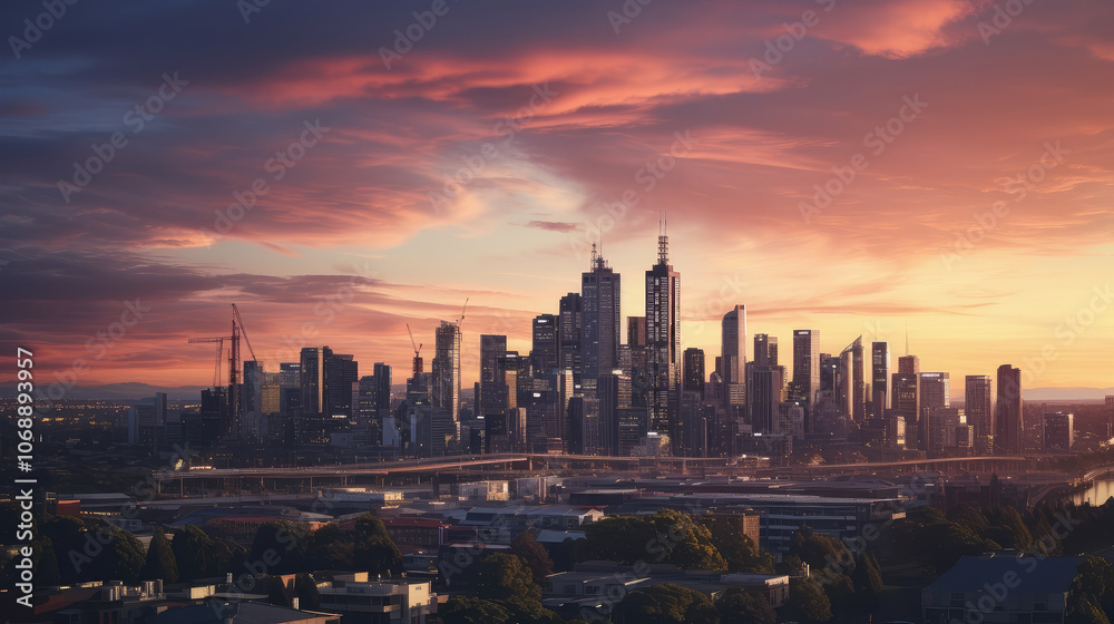 Fototapeta premium Vibrant City Skyline at Sunset