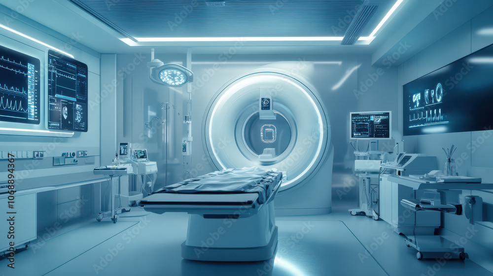 Futuristic medical room with advanced MRI and high-tech equipment