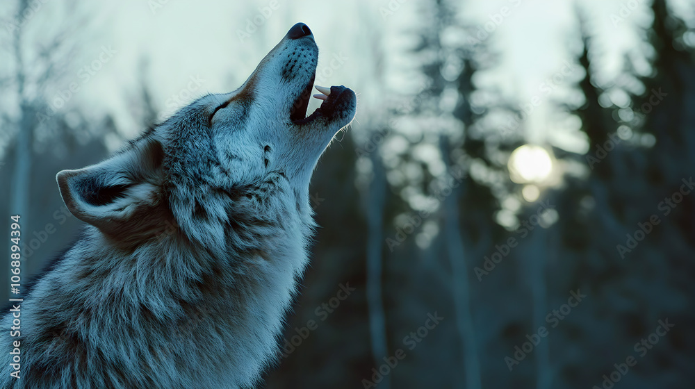 Naklejka premium A lone gray wolf, a majestic predator, stands tall in a snow-covered winter forest