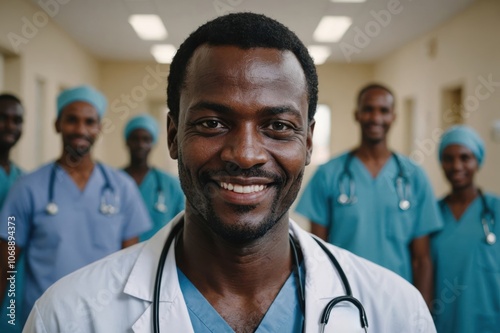Close portrait of a smiling 40s Sudanese man doctor looking at the camera, Sudanese hospital blurred background