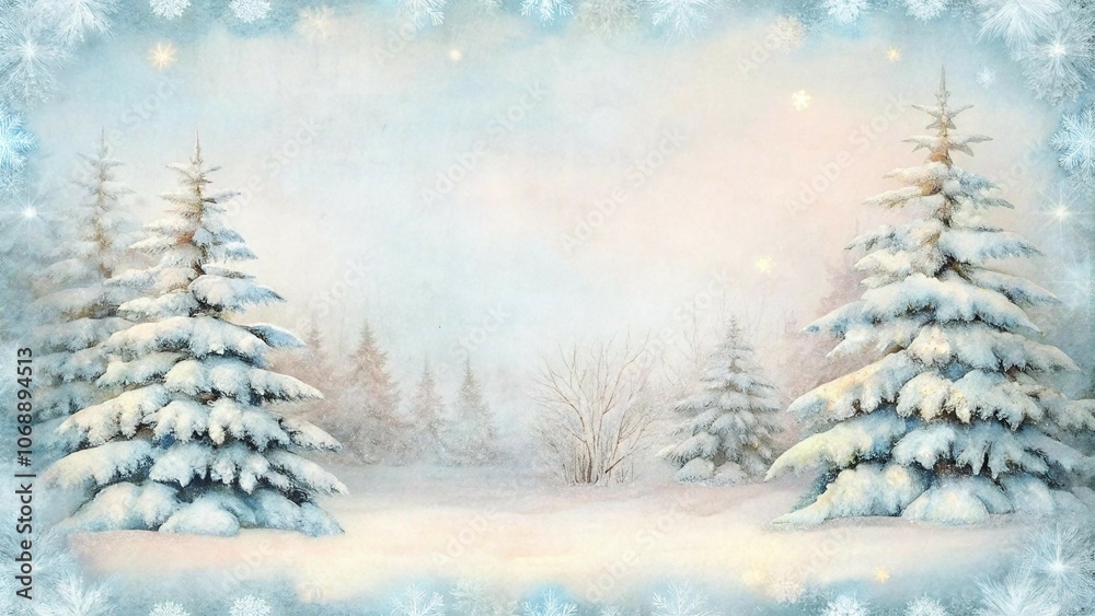 Serene winter scene with snow-covered trees and starry sky in blue border Serene winter scene with snow-covered trees and starry sky in blue border
