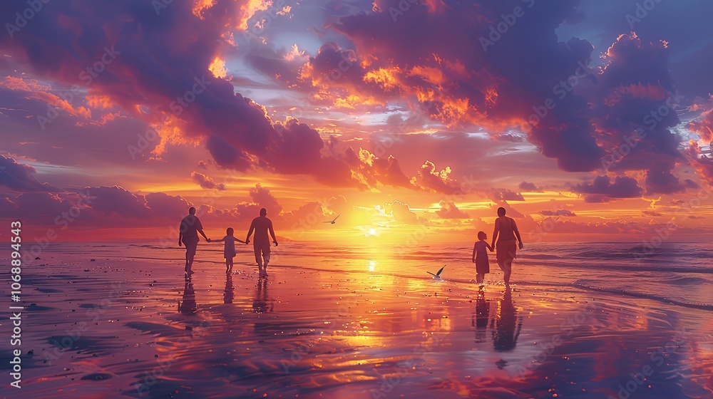 A family of four--parents and two children--run across a sandy beach as the sun dips below the horizon. The sky glows in soft hues of pink, orange, and purple, and their laughter fills the air as they A family of four--parents and two children--run across a sandy beach as the sun dips below the horizon. The sky glows in soft hues of pink, orange, and purple, and their laughter fills the air as they