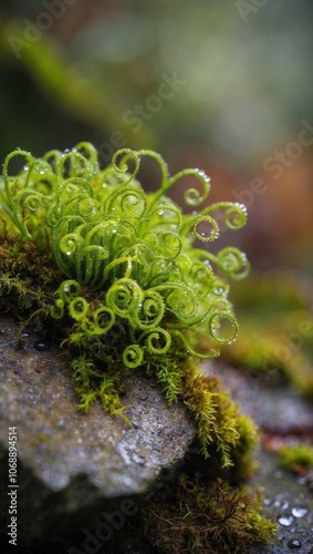 Green Moss with Spiral Sprouts Growing on Rock in Forest Phone Wallpaper
