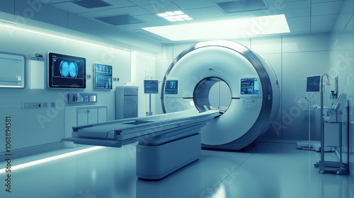 Futuristic medical room with advanced MRI and high-tech equipment