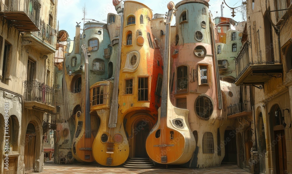 Naklejka premium Musical instrument shaped building facades.