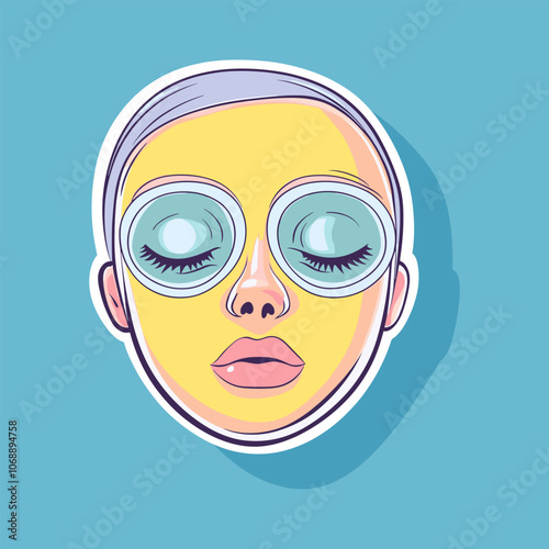 Woman with a cosmetic mask on her face and eyes. Vector illustration. Skin care. Applying facial mask. A young girl with a mask on her face. Cosmetic procedure at home. Home care. Trend style. 