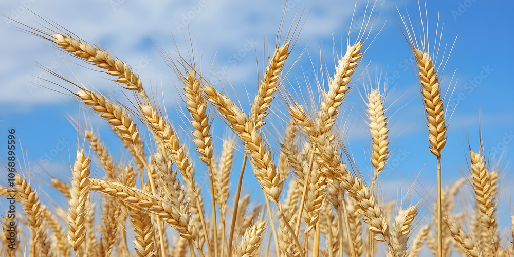 Close-up of golden wheat against blue sky, perfect for nature and agriculture themes. 4k high quality image Close-up of golden wheat against blue sky, perfect for nature and agriculture themes. 4k high quality image