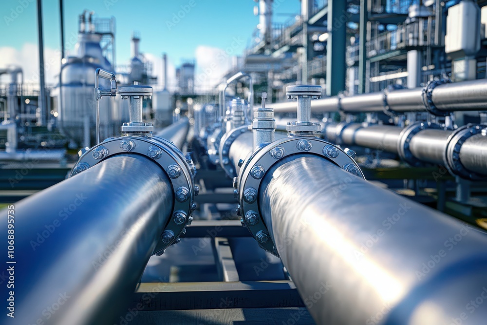 Industrial pipes with water flow at power plant under clear sky Industrial pipes with water flow at power plant under clear sky