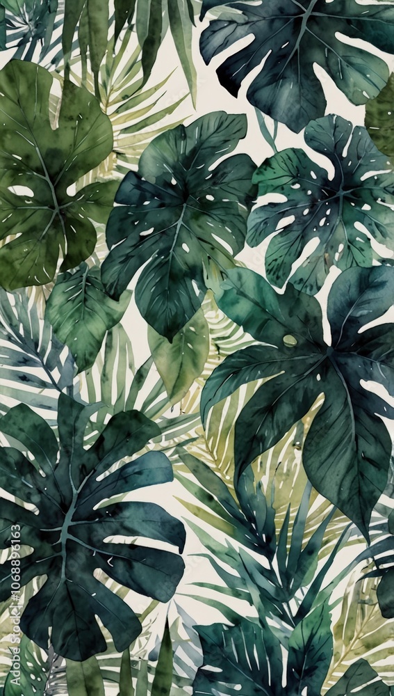 Obraz premium Tropical Green Leaf Pattern with Monstera and Palm Leaves, Phone Wallpaper 