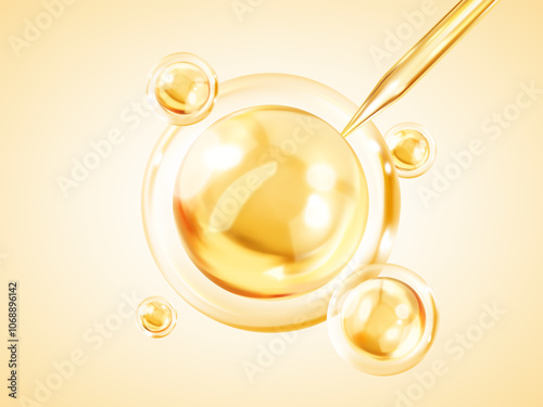 Cosmetic essence drops with pipette. Cosmetic liquid oil drop. Collagen serum drop. Concept skincare cosmetics solution. Vector 3d illustration