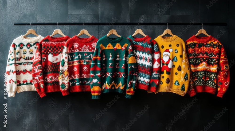 Fototapeta premium Row of ugly Christmas sweaters with holiday designs, Santa and snowflakes, hanging on wooden hangers