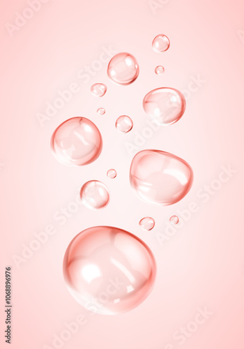 Realistic pink serum drops. Liquid drops, serum, gel, vitamin or collagen. Skincare transparent bubbles.  Beauty product. Realistic vector