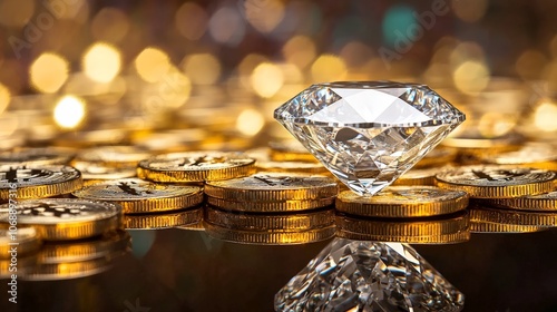 Shining Diamond Resting on Bitcoin Coins photo