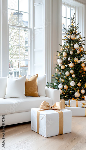 Transform your living room into a chic whitethemed christmas wonderland with elegant decor and festive touches photo