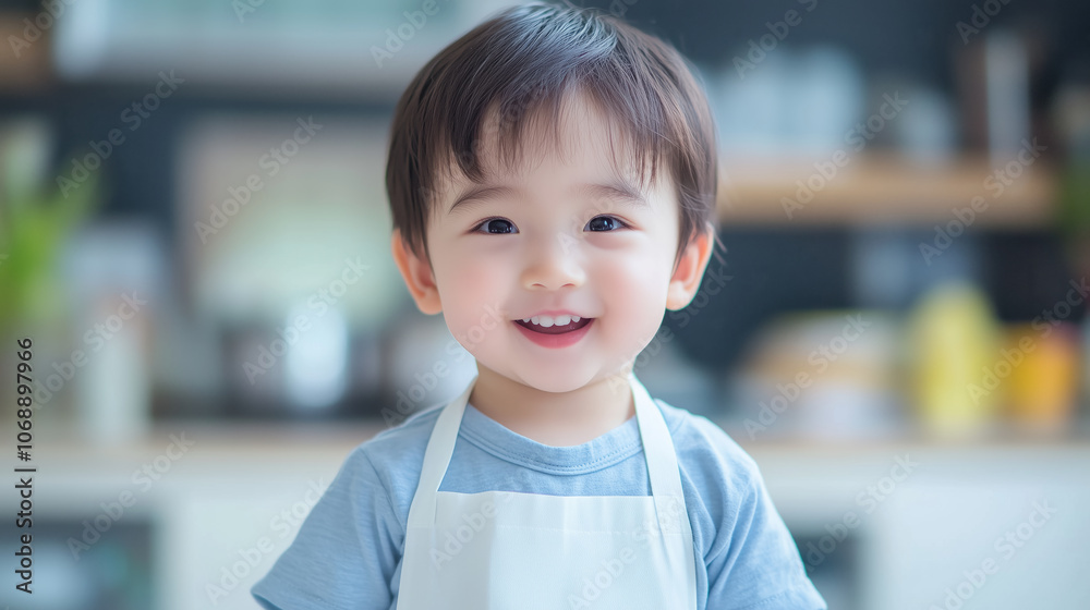 Adorable asian kid wearing white apron, smiling in cheerful kitchen