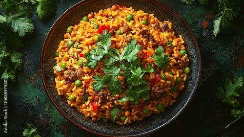 A plate of Puerto Rican arroz con gandules, rice cooked with pigeon peas, pork, and sofrito, garnished with fresh cilantro. Hispanic heritage month tradition