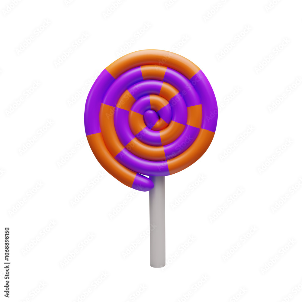 3d render Halloween lollipop. Three-dimensional candy for October horror party. Holiday sweet snacks for children. Cartoon vector illustration. Trick or treat. Mystery sweet food in magenta style. 3d render Halloween lollipop. Three-dimensional candy for October horror party. Holiday sweet snacks for children. Cartoon vector illustration. Trick or treat. Mystery sweet food in magenta style.