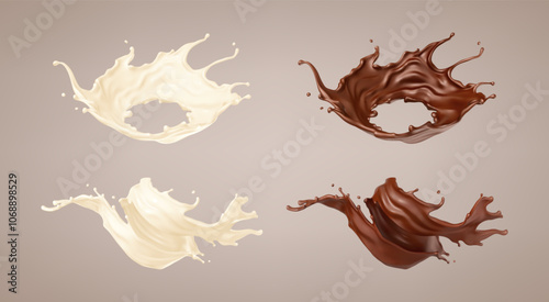 Milk and chocolate splashes. Milkshake and melted brown choco. Realistic vector illustration