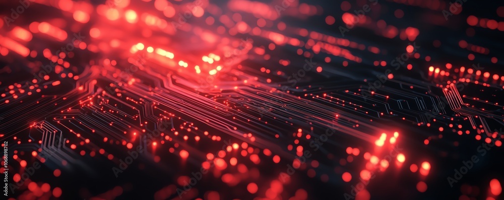 A hightech red circuit board pattern on a black background, with glowing red circuit lines and light effects, creating a modern electronic technology theme and digital design A hightech red circuit board pattern on a black background, with glowing red circuit lines and light effects, creating a modern electronic technology theme and digital design