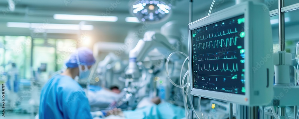 A medical professional in scrubs operates in a modern surgical room, with advanced equipment and monitoring devices visible in the foreground. A medical professional in scrubs operates in a modern surgical room, with advanced equipment and monitoring devices visible in the foreground.
