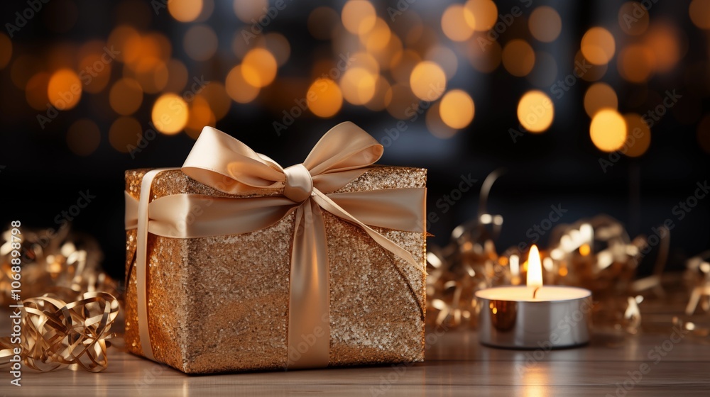 A golden gift wrapped elegantly with a glittery bow, shining in a warm bokeh-filled holiday atmosphere. A golden gift wrapped elegantly with a glittery bow, shining in a warm bokeh-filled holiday atmosphere.