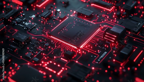 Black background featuring a red circuit board with glowing red circuit lines, embodying an electronic technology theme and futuristic techinspired design elements