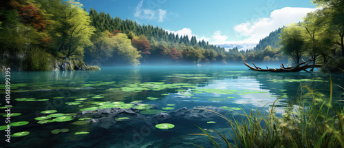 Serene Forest Lake with Floating Lilies