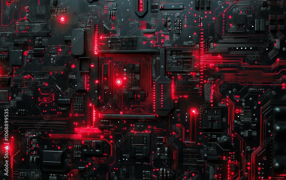 Techinspired red circuit board pattern on black background with red light effect lines, highlighting an electronic technology theme and futuristic design elements Techinspired red circuit board pattern on black background with red light effect lines, highlighting an electronic technology theme and futuristic design elements