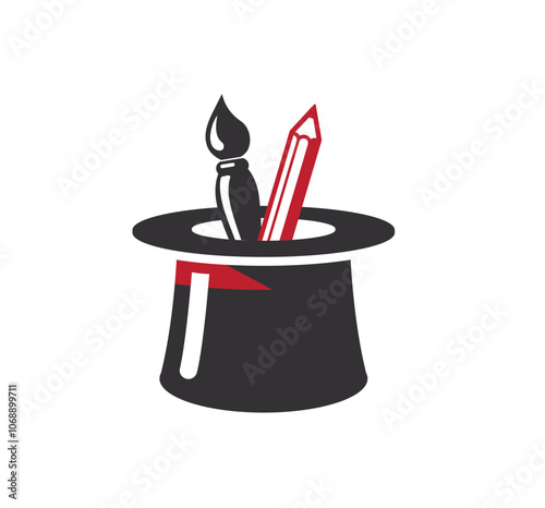 Creative Magic Hat brush and pencil logo vector design symbol icon illustration