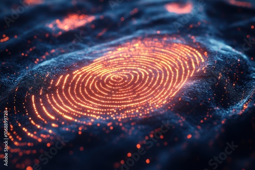 A glowing orange fingerprint pattern on a dark, textured background.
