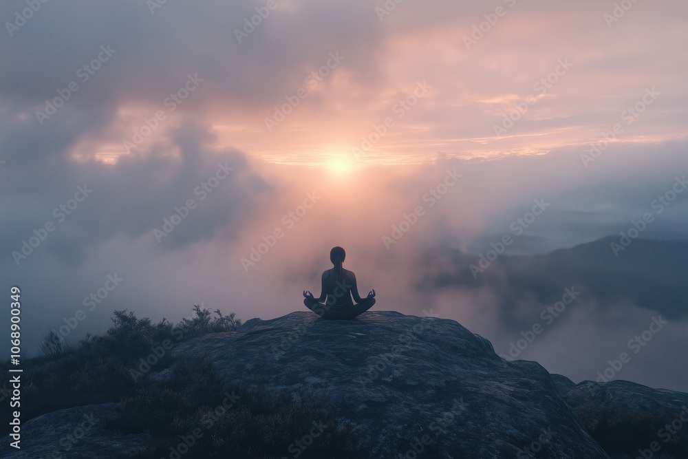 Serene Yoga Pose at Sunrise on Mountain Top Serene Yoga Pose at Sunrise on Mountain Top