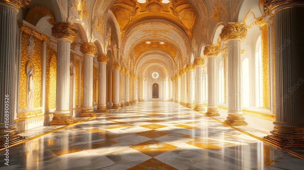 Fototapeta premium A grand, opulent hallway with golden accents and marble flooring, illuminated by natural light.