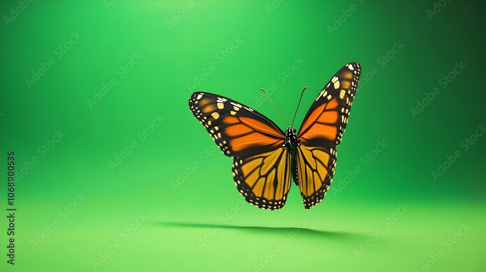 Fototapeta premium Portrait of a butterfly on a green background in studio. Butterfly with green screen, chroma screen background image. Butterfly Studio photo, image. Concept for animal, zoology and for adverb. banner