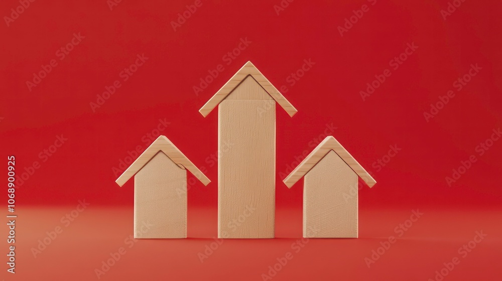 Three wooden house figures of varying heights against a warm background, symbolizing growth. Three wooden house figures of varying heights against a warm background, symbolizing growth.