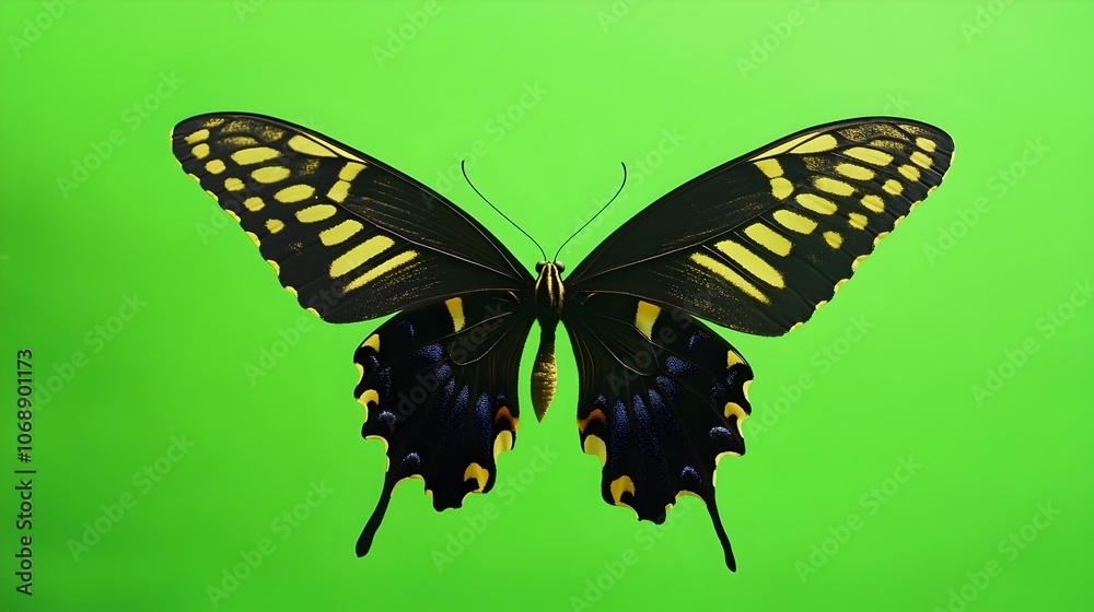 Fototapeta premium Portrait of a butterfly on a green background in studio. Butterfly with green screen, chroma screen background image. Butterfly Studio photo, image. Concept for animal, zoology and for adverb. banner