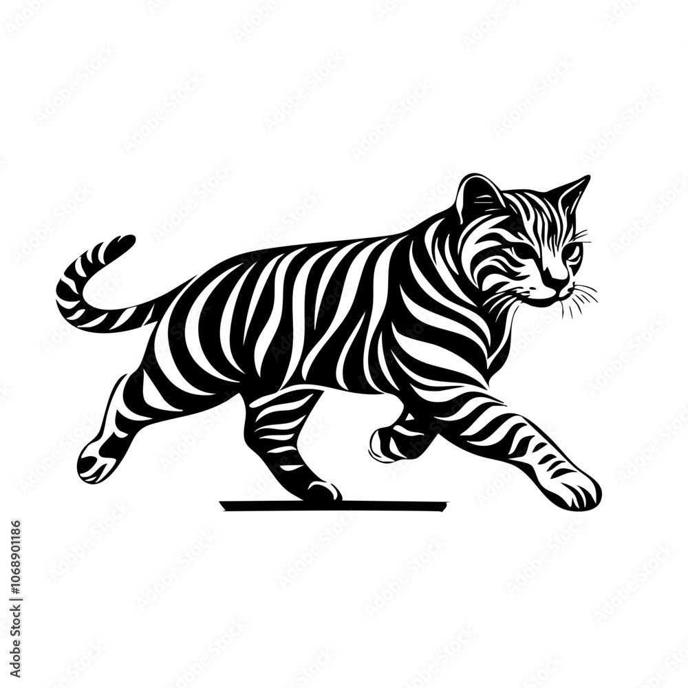 A Bengal cat gracefully prowls with elegance and agility, showcasing its striking striped fur in a dynamic pose, emphasizing its feline prowess