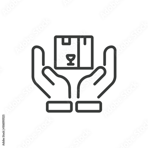 Parcel in hands, icon in line design. Parcel, hands, delivery, package, box, shipping, holding on white background vector. Parcel in hands editable stroke icon