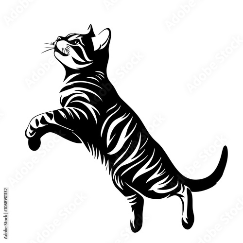 A Bengal cat striking a playful pose, showcasing its distinctive markings while engaging in an energetic leap, embodying the spirited nature of this remarkable breed
