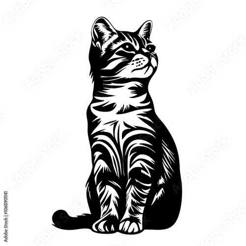 A detailed illustration of a Bengal cat sitting gracefully with its distinctive stripes showcased, highlighting its curious expression and elegant posture
