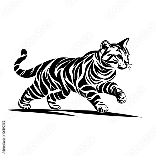 A Bengal cat in an elegant stride, showcasing its distinctive stripes while playfully exploring its surroundings in a lively and energetic manner