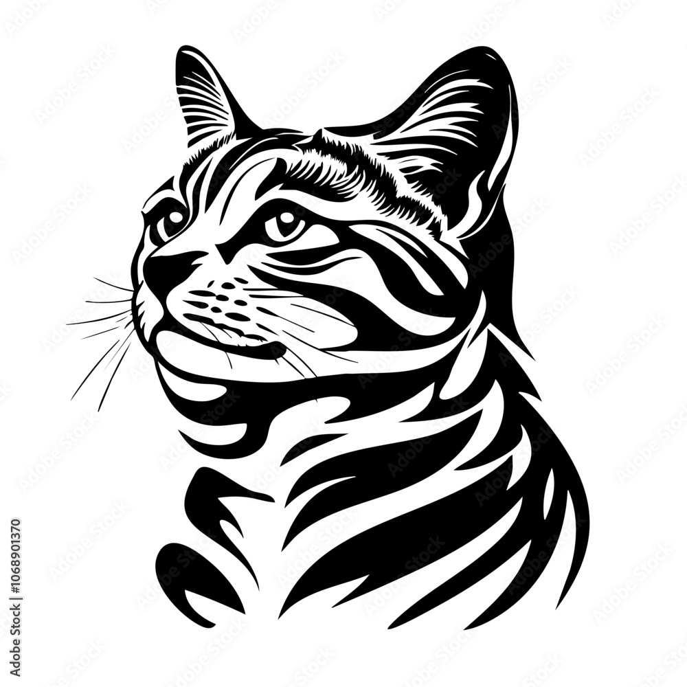 A detailed vector illustration of a Bengal cat showcasing its distinct markings and expressions in an artistic black and white style A detailed vector illustration of a Bengal cat showcasing its distinct markings and expressions in an artistic black and white style