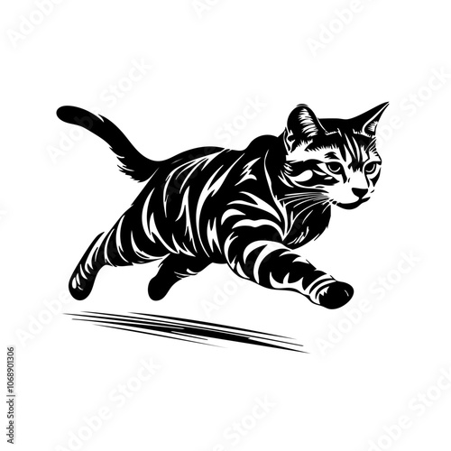 A Bengal cat leaps gracefully, showcasing its agile nature and striking coat patterns in a dynamic pose, capturing the essence of movement and feline grace