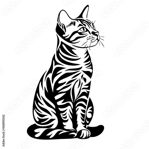 Elegant Bengal cat with intricate black stripes sitting gracefully, showcasing its distinctive spotted coat and alert expression