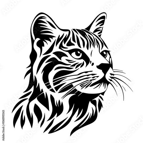 Detailed vector illustration of a Bengal cat's head showcasing its distinctive features and elegant demeanor, emphasizing its striking striped pattern and attentive expression