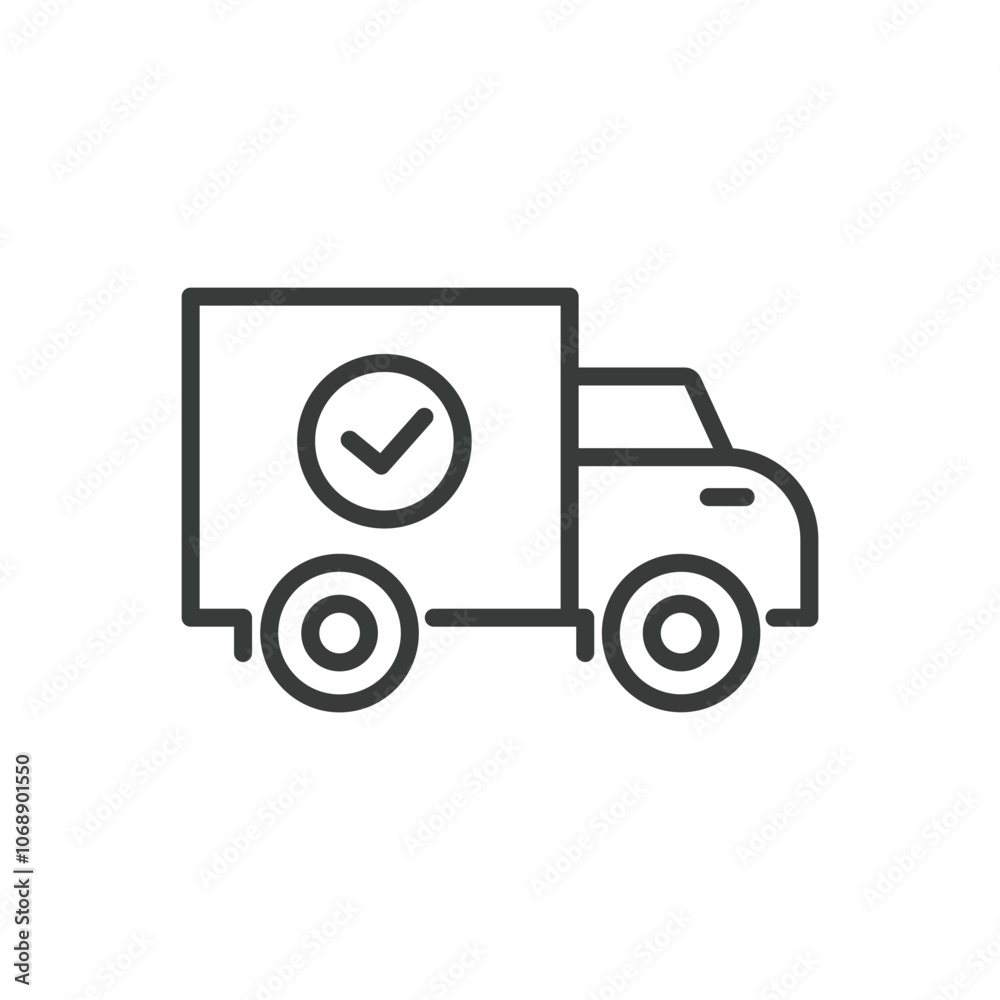 Freight delivery done, icon in line design. Freight, delivery, done, shipment, logistics, transport, cargo, complete on white background vector. Freight delivery done editable stroke icon Freight delivery done, icon in line design. Freight, delivery, done, shipment, logistics, transport, cargo, complete on white background vector. Freight delivery done editable stroke icon